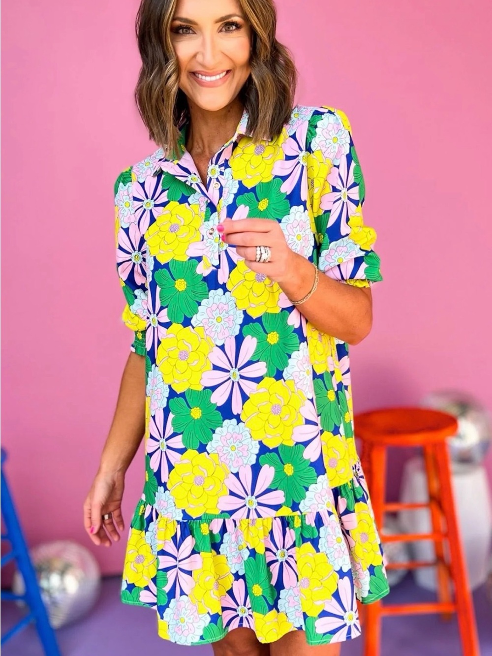 Floral Collared Mini Dress in Yellow & Green - Picture 1 of 7
